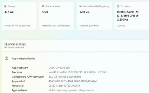 HP zbook Studio G5 met Intel Core i7 six core , 32 GB RAM , Nvidia Quadro P1000 @ 4 GB - Afbeelding 8