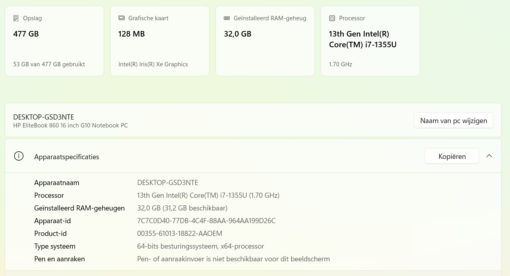 HP Elitebook 860G10 , Intel Core i7 1355U , 32 GB RAM , 512 GB SSD , garantie 10-2026 - Afbeelding 3