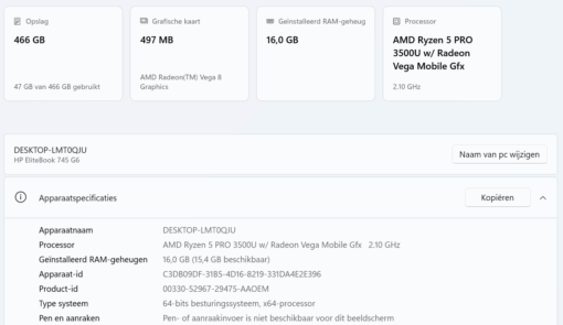 HP Elitebook 745 G6 , Ryzen 5 3500 Pro , 16 GB , verlicht toetsenbord , Win 11 Pro - Afbeelding 2
